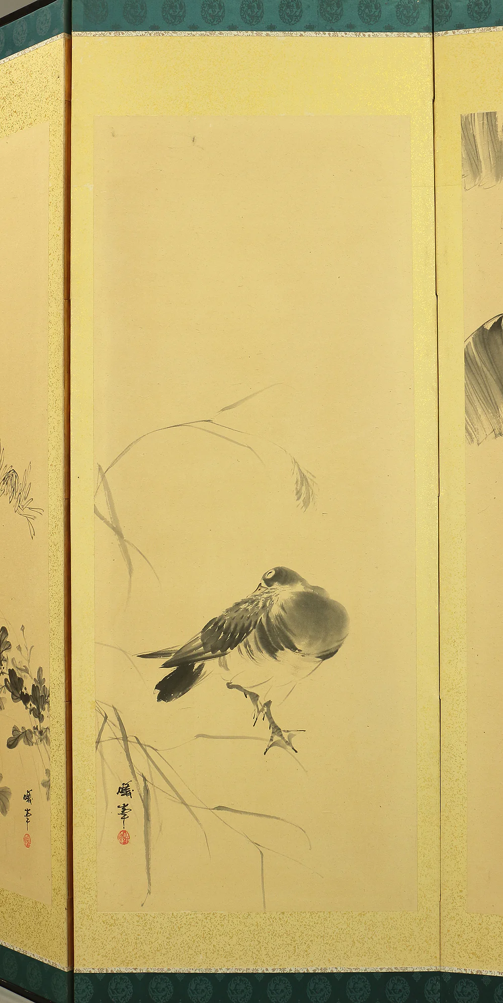 蟻峰 Giho Japanese Pair of Byobu Room divider 6 panels Folding screens "Kacho - Pine Pheasant Plum Iris Egret Willow Bellflower Wild Duck Chrysanthemum Nandina Crow Bamboo" V825 - Image 43