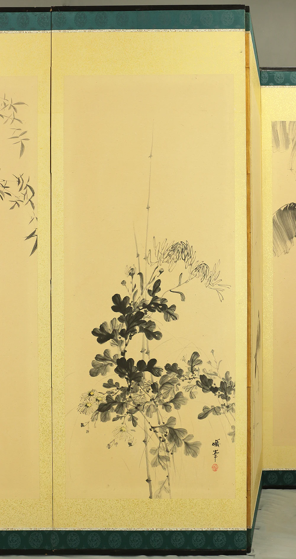 蟻峰 Giho Japanese Pair of Byobu Room divider 6 panels Folding screens "Kacho - Pine Pheasant Plum Iris Egret Willow Bellflower Wild Duck Chrysanthemum Nandina Crow Bamboo" V825 - Image 48