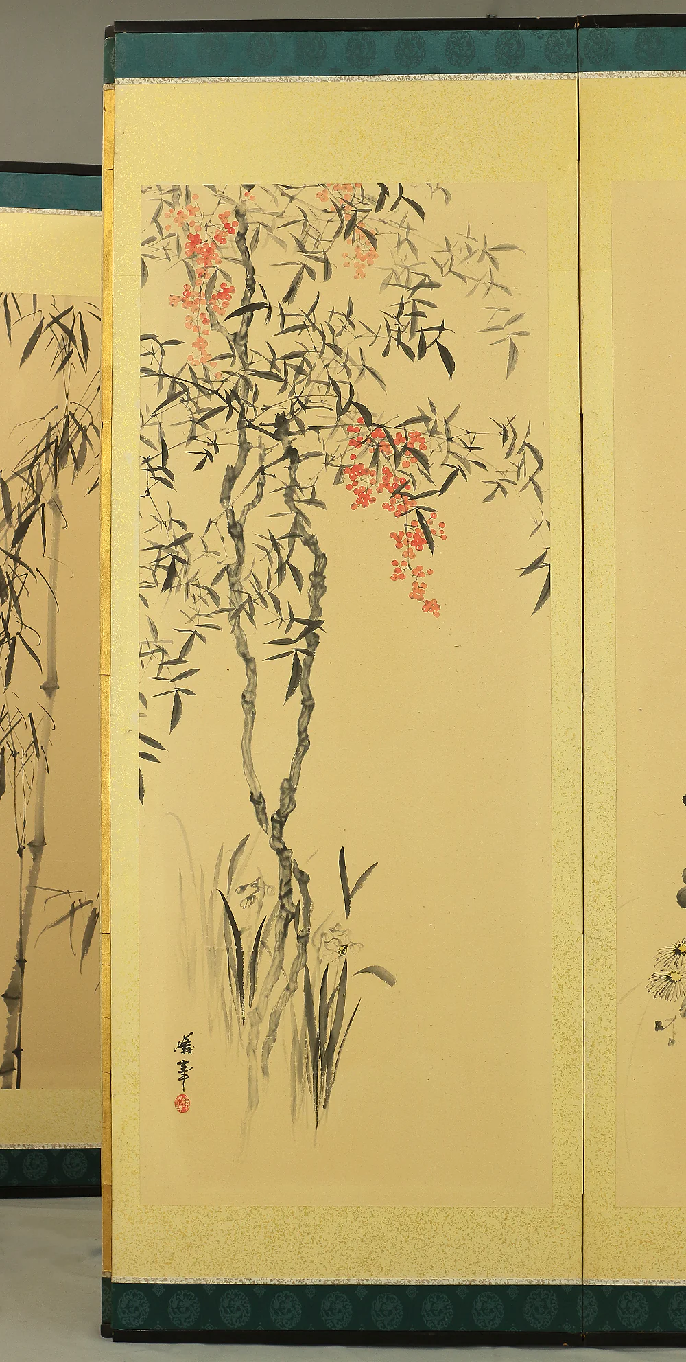 蟻峰 Giho Japanese Pair of Byobu Room divider 6 panels Folding screens "Kacho - Pine Pheasant Plum Iris Egret Willow Bellflower Wild Duck Chrysanthemum Nandina Crow Bamboo" V825 - Image 54