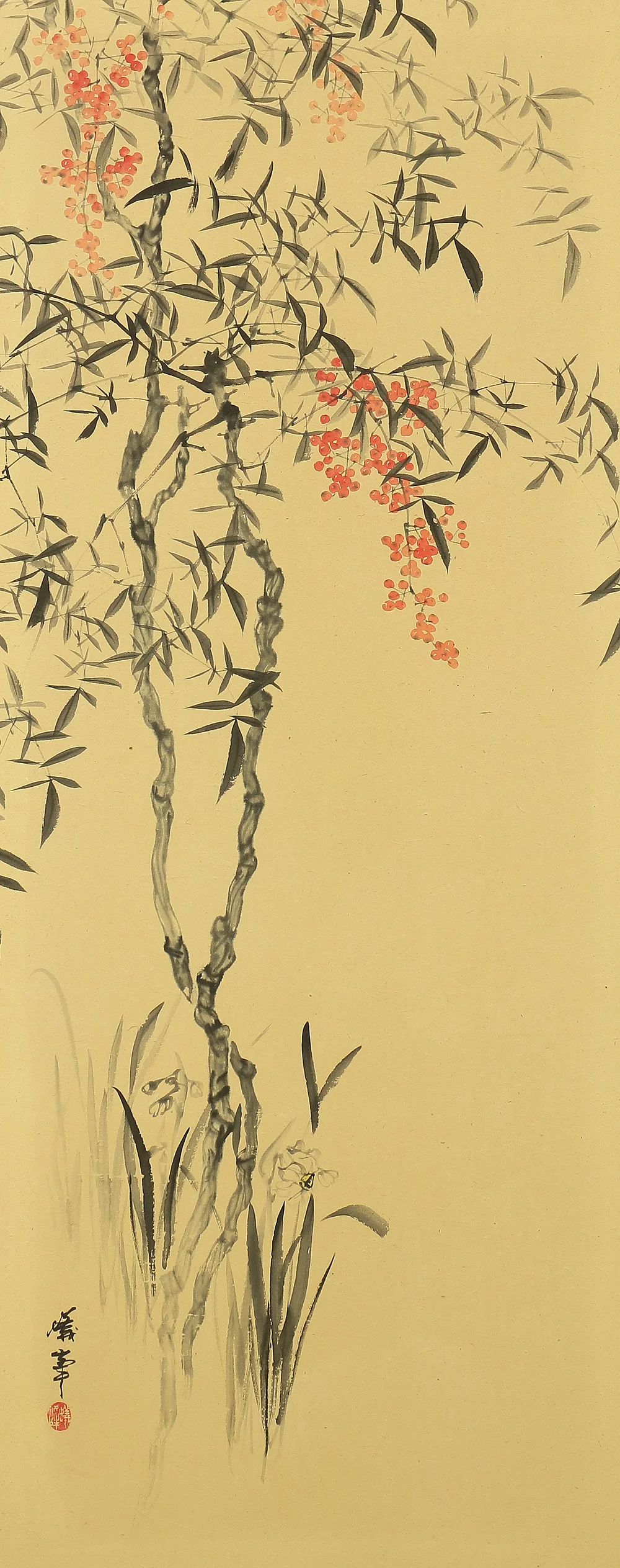 蟻峰 Giho Japanese Pair of Byobu Room divider 6 panels Folding screens "Kacho - Pine Pheasant Plum Iris Egret Willow Bellflower Wild Duck Chrysanthemum Nandina Crow Bamboo" V825 - Image 55