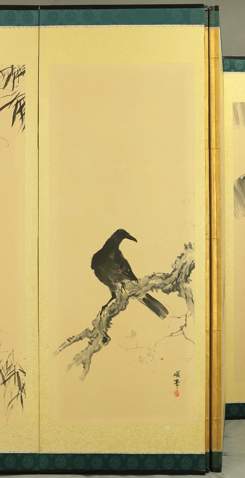蟻峰 Giho Japanese Pair of Byobu Room divider 6 panels Folding screens "Kacho - Pine Pheasant Plum Iris Egret Willow Bellflower Wild Duck Chrysanthemum Nandina Crow Bamboo" V825 - Image 60