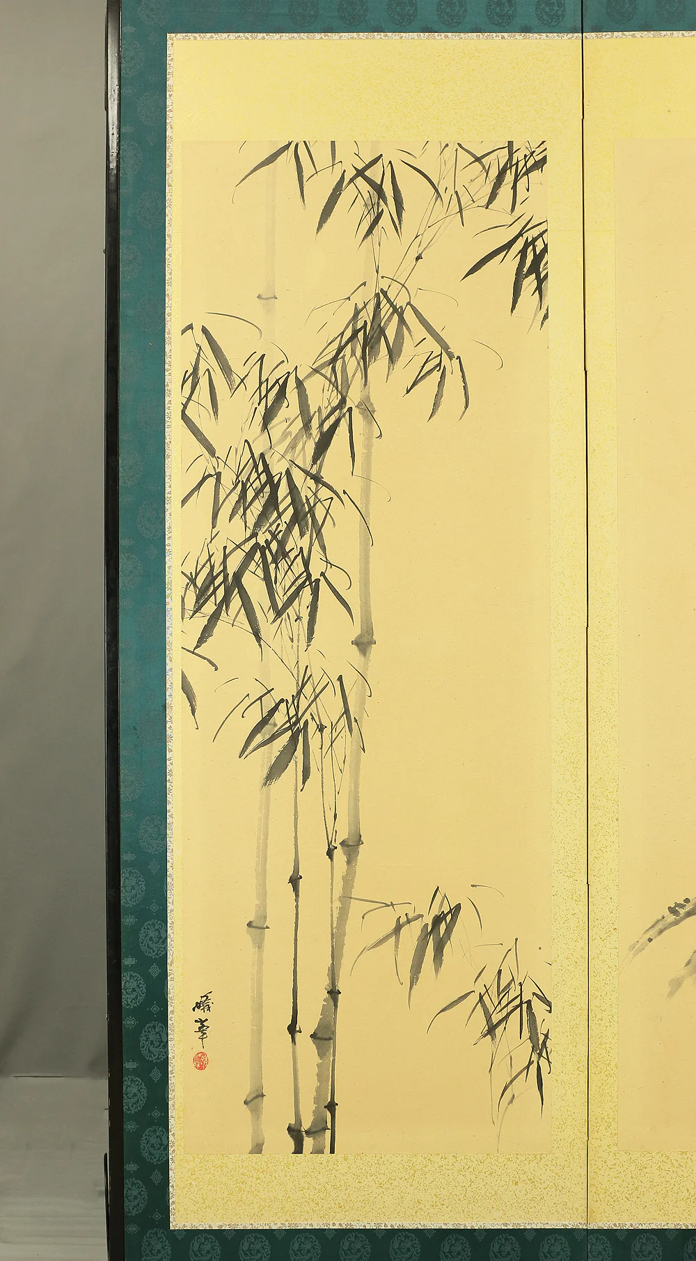 蟻峰 Giho Japanese Pair of Byobu Room divider 6 panels Folding screens "Kacho - Pine Pheasant Plum Iris Egret Willow Bellflower Wild Duck Chrysanthemum Nandina Crow Bamboo" V825 - Image 65