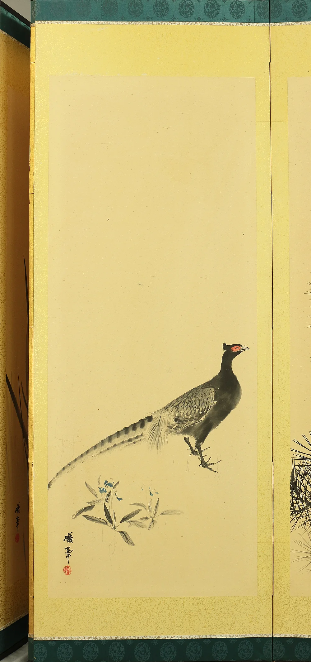 蟻峰 Giho Japanese Pair of Byobu Room divider 6 panels Folding screens "Kacho - Pine Pheasant Plum Iris Egret Willow Bellflower Wild Duck Chrysanthemum Nandina Crow Bamboo" V825 - Image 8