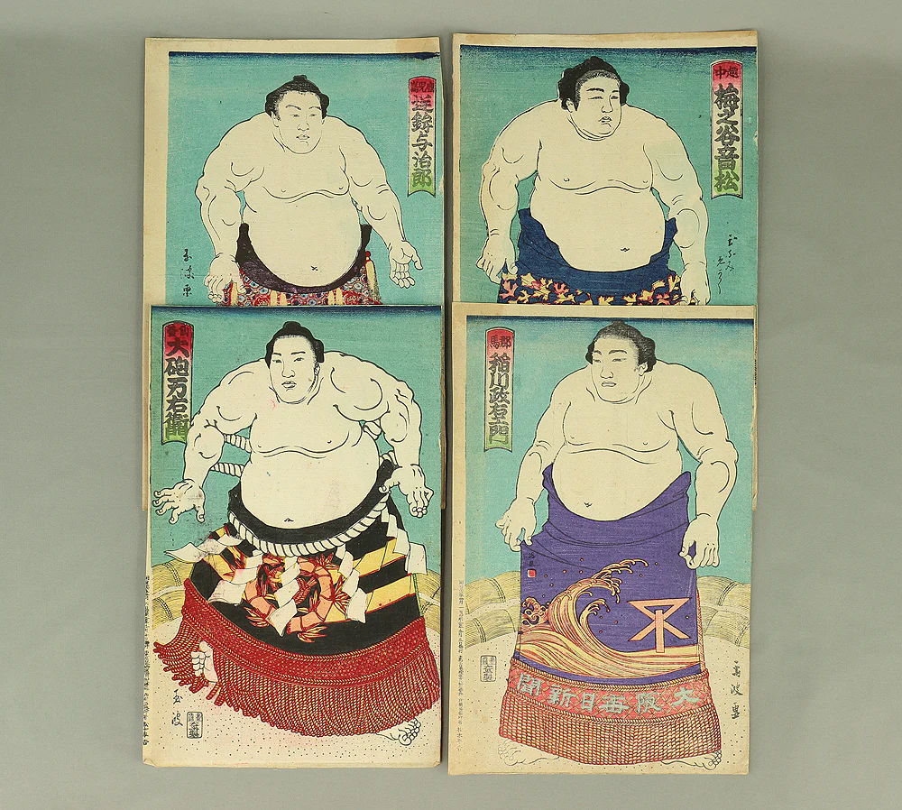 玉波 Gyokuha Japanese antique art Original Nishiki-e (brocade picture) polychrome woodblock printing 4pcs / Sumo Wrestlers 4pcs - 1900 (Meiji 33) OW189