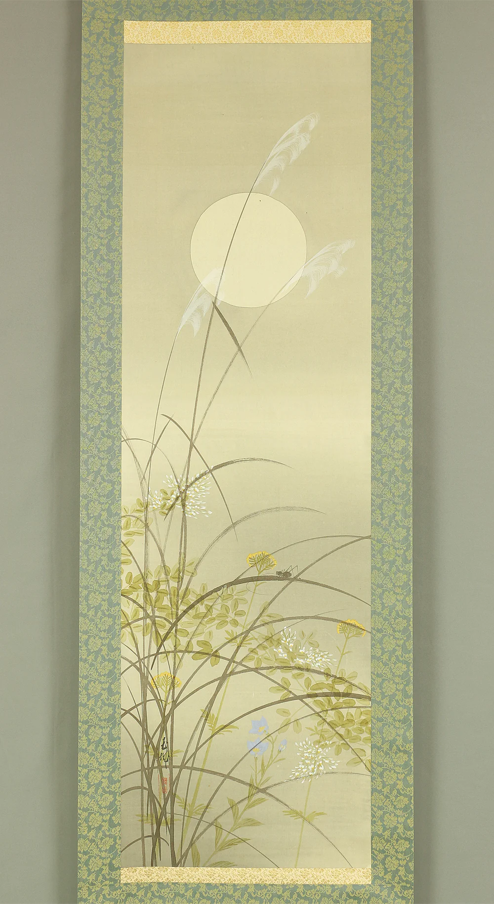 玉城 Gyokujo Japanese art kakejiku kakemono wall hanging scroll / Autumn Flowers under Full Moon and Silver Grass with Box RC527