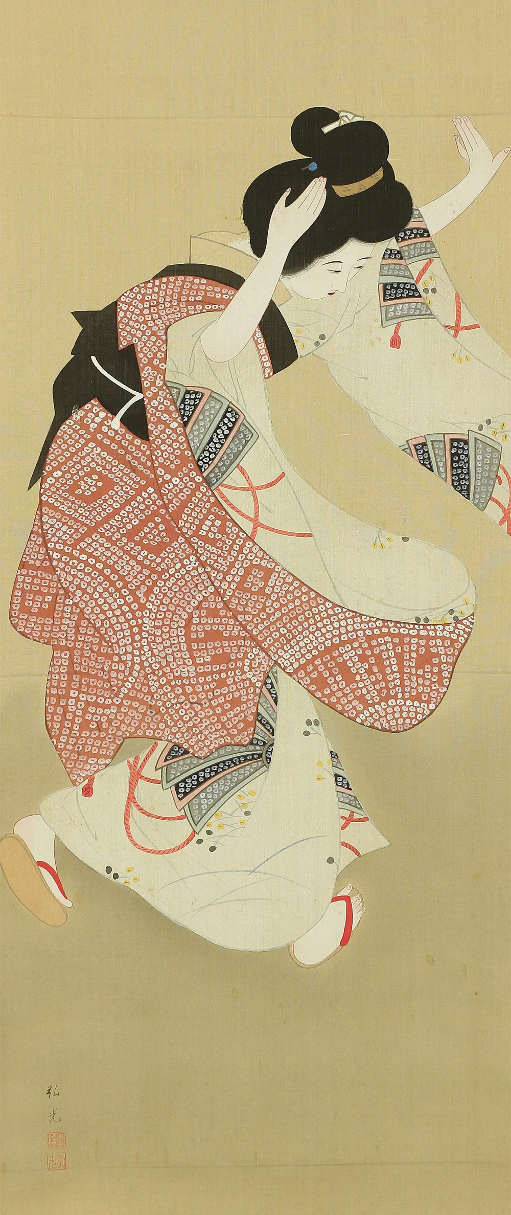 弘光 Hiromitsu Japanese art kakejiku kakemono wall hanging scroll / Kimono Beautiful Woman in Hurry with Box A615