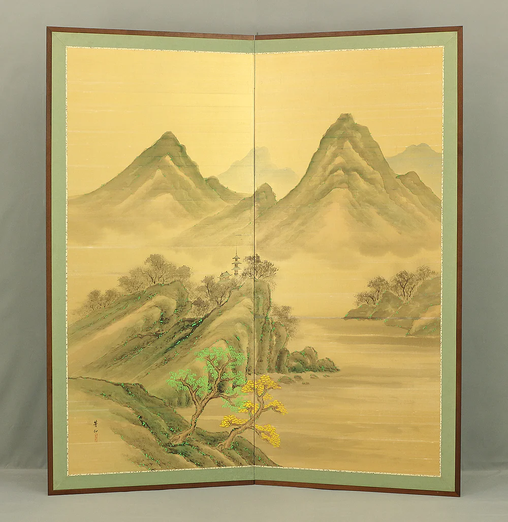 芳仙 Hosen Japanese Room divider Byobu 2 panels Folding screen / Pagoda River Landscape Scenery V865