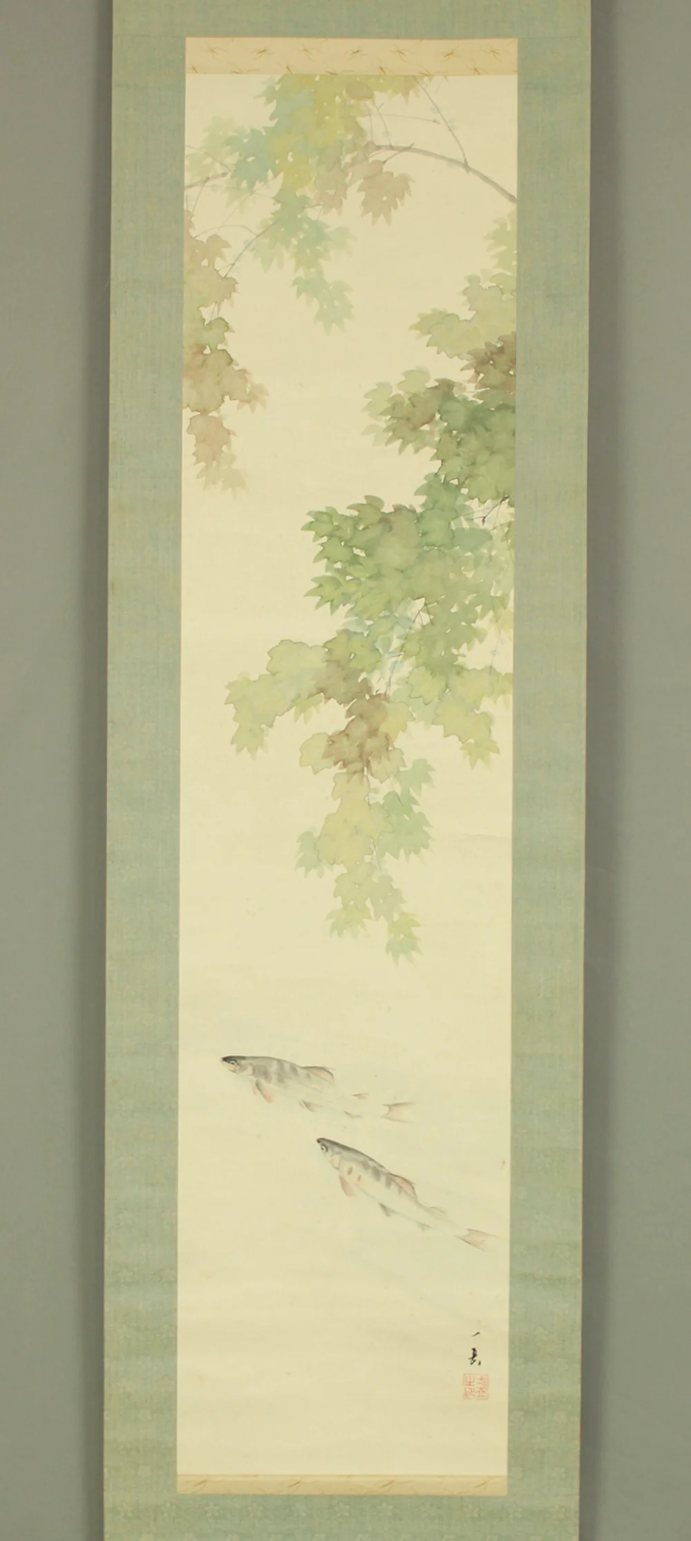 波多野一岳 Hatano Ichigaku Japanese art kakejiku kakemono wall hanging scroll / Fresh Greenery, Green Maple and Sweetfish RD624