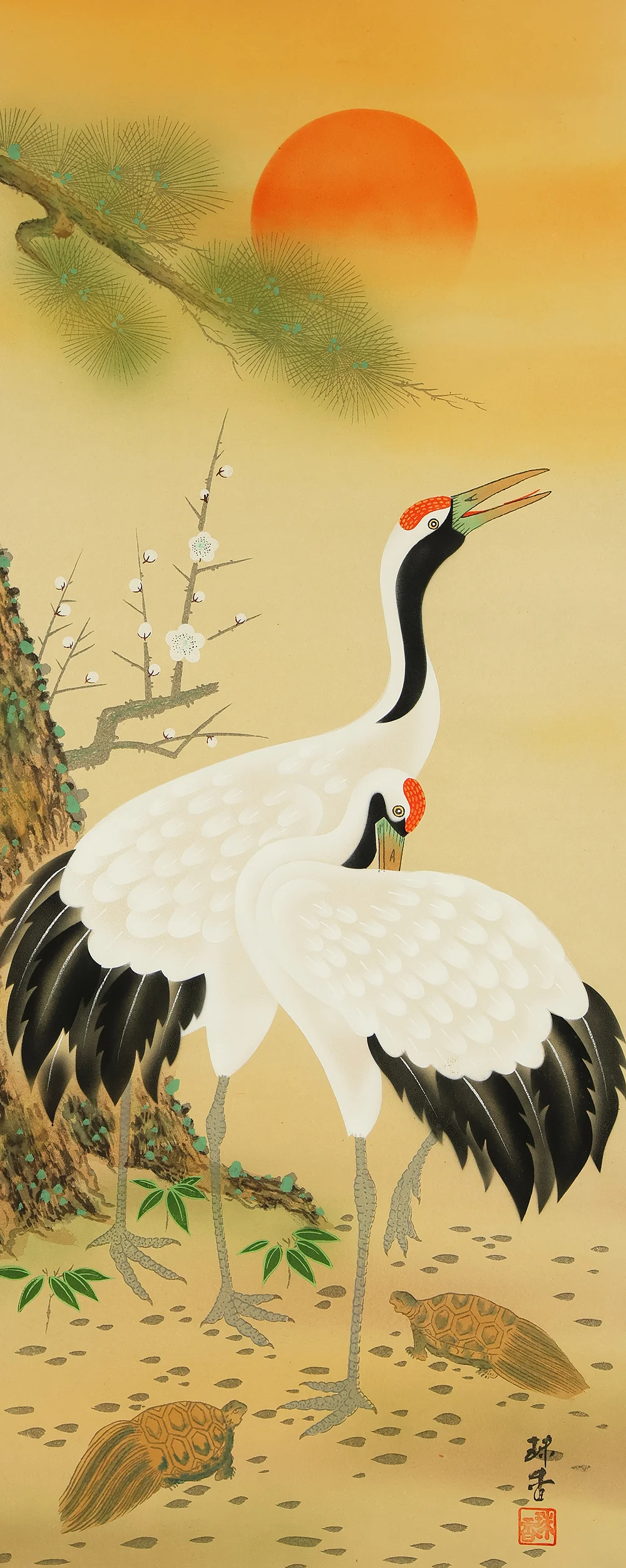 珠香 Juko Japanese art kakejiku kakemono wall hanging scroll / Cranes and Turtle Celebrating Longevity - The Symbol of Good Fortune with Original Box (Tomobako) RE373 - Image 4