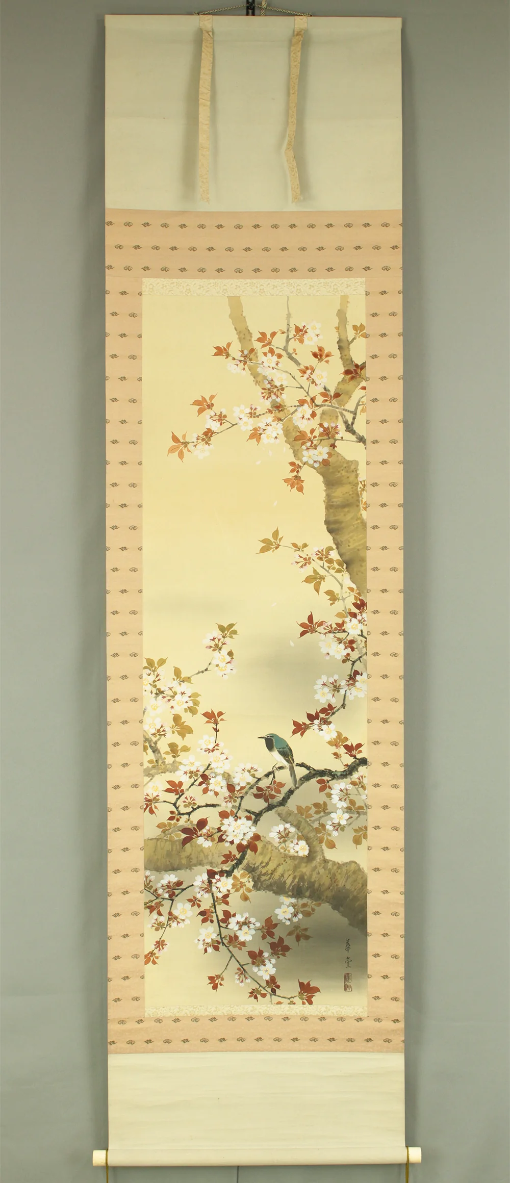 華堂 Kado Japanese art kakejiku kakemono wall hanging scroll / Cherry Blossoms and Little Bird with Box RD218 - Image 2
