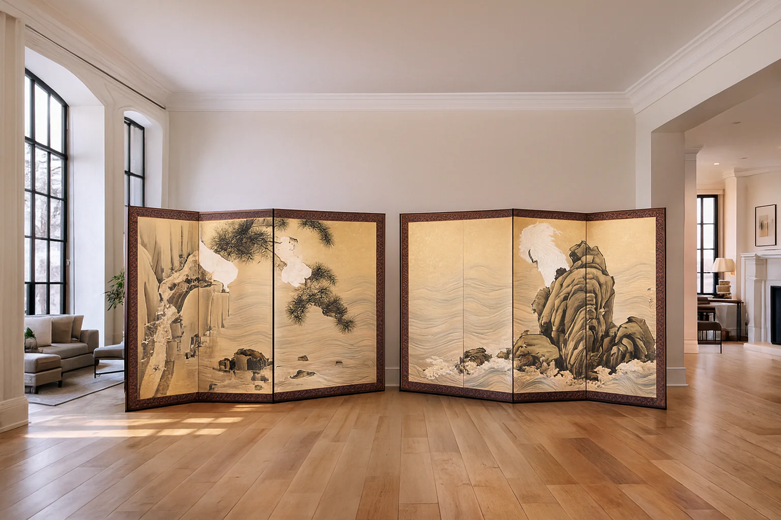 華岳 Kagaku 'White Hawks Perched Upon Rocky Outcrops and Pine Trees' Pair of Six Panels Folding Screens Byobu Room Dividers VA876