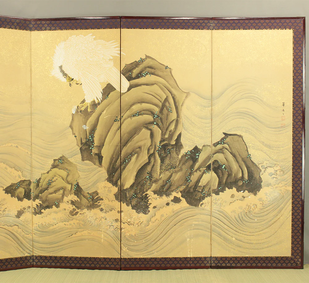 華岳 Kagaku 'White Hawks Perched Upon Rocky Outcrops and Pine Trees' Pair of Six Panels Folding Screens Byobu Room Dividers VA876 - Image 3