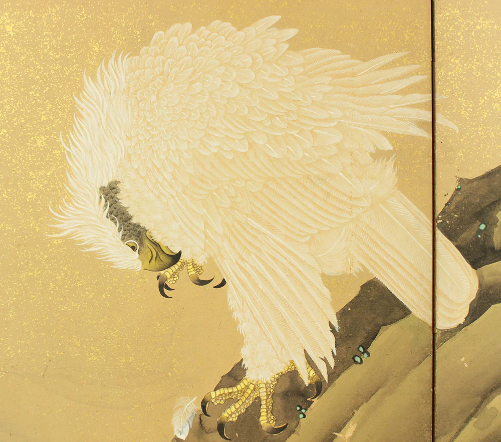 華岳 Kagaku 'White Hawks Perched Upon Rocky Outcrops and Pine Trees' Pair of Six Panels Folding Screens Byobu Room Dividers VA876 - Image 8
