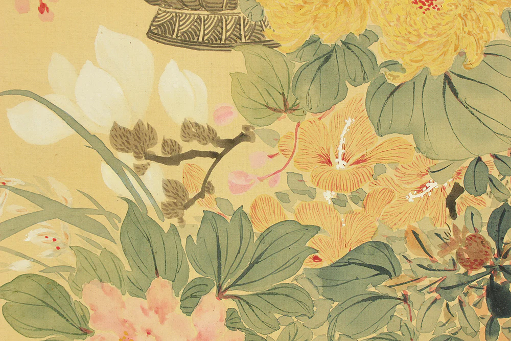 華陽 Kayo Japanese art kakejiku kakemono wall hanging scroll / Baskets Full of Seasonal Flowers and Sparrows with Box RD217 - Image 20