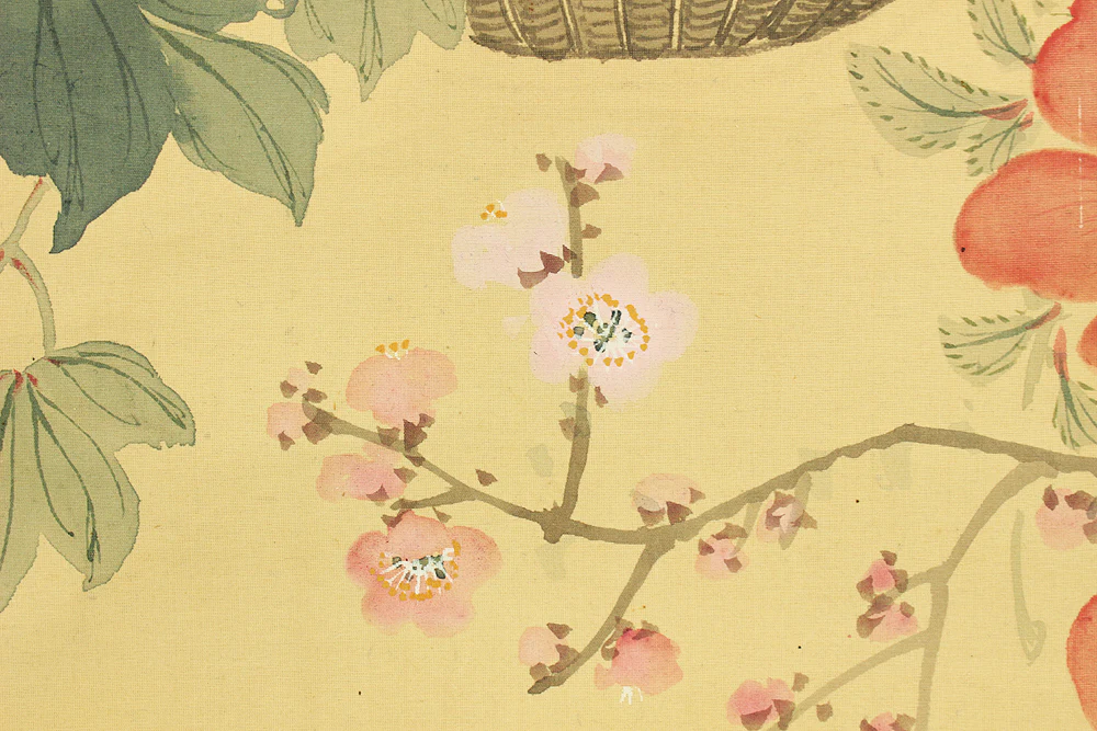 華陽 Kayo Japanese art kakejiku kakemono wall hanging scroll / Baskets Full of Seasonal Flowers and Sparrows with Box RD217 - Image 27