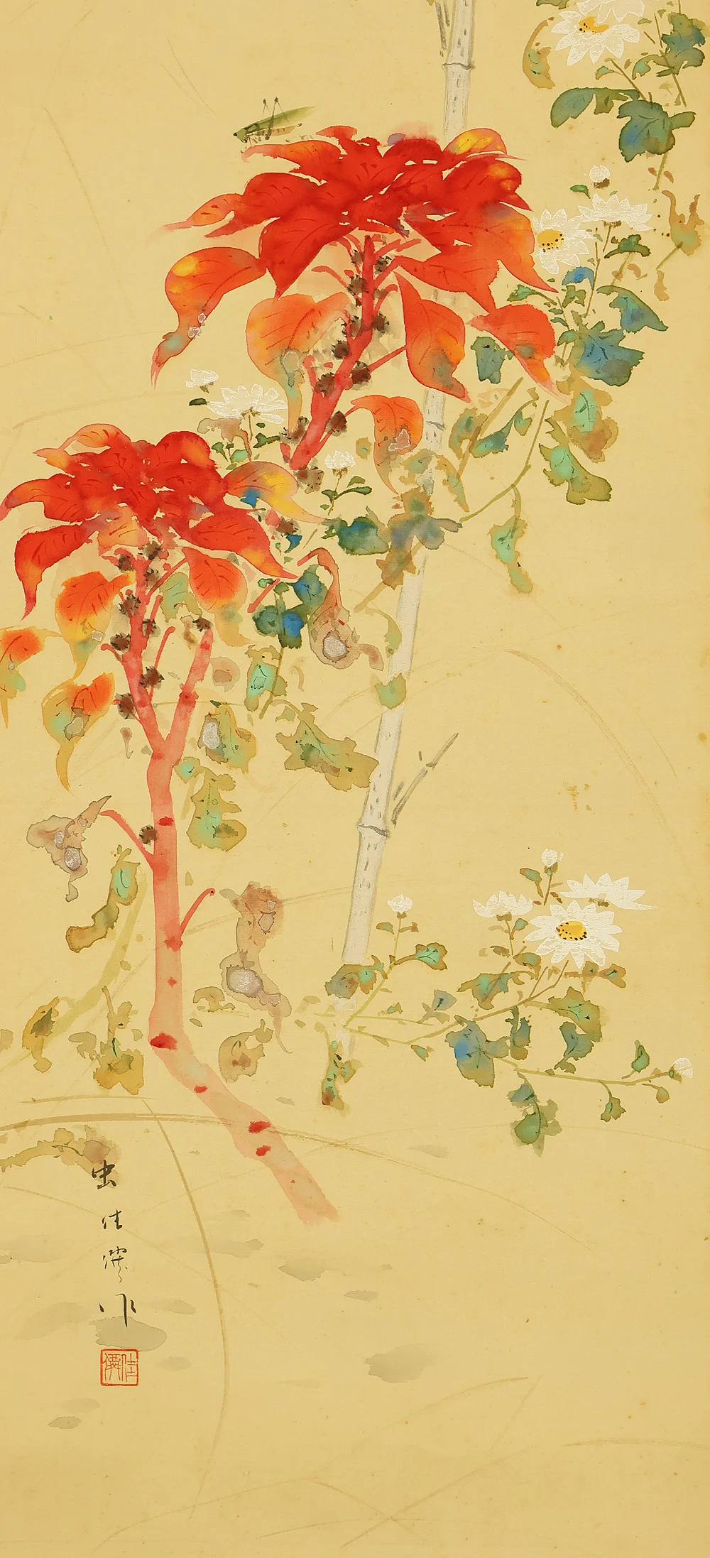 中島啓朝 Nakashima Keicho (1898-1983) 佳僊 Keisen Japanese art kakejiku kakemono wall hanging scroll / Collaboration work - Chrysanthemum, Cock's Comb, and Grasshopper with Original Box (Tomobako) RD881 - Image 9