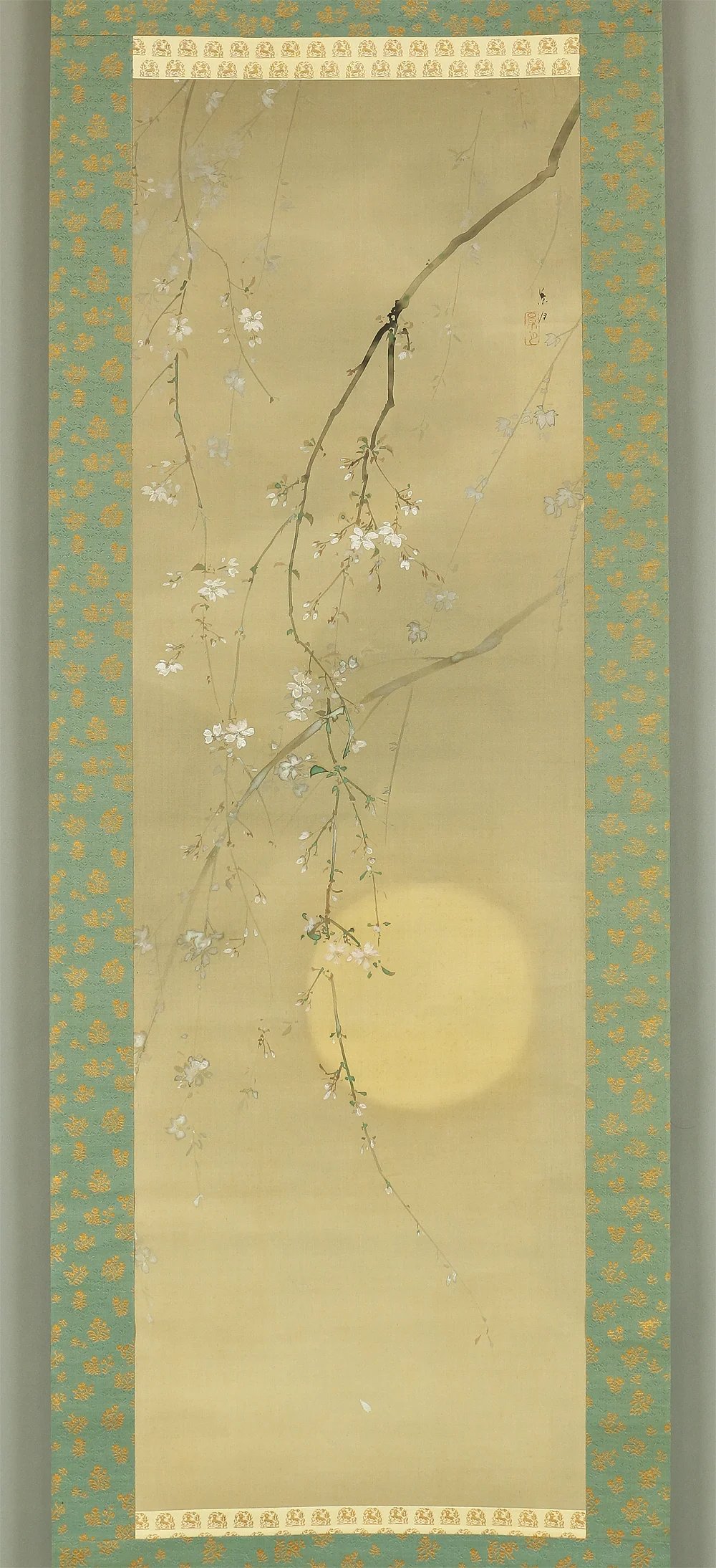 景月 Keigetsu Japanese antique art kakejiku kakemono wall hanging scroll / Hazy Moon and Weeping Cherry with Original Box (Tomobako) A999 - Image 3