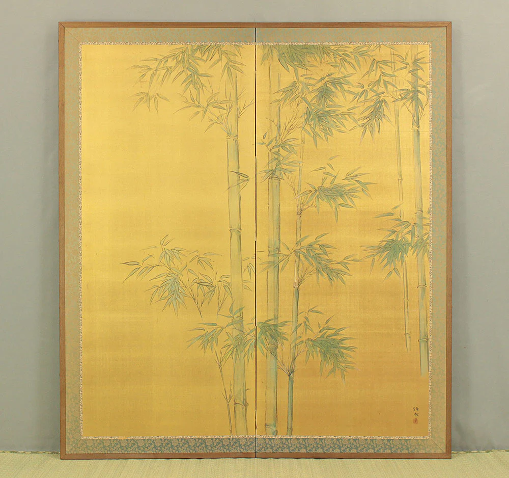 径成 Keisei Gold-Leaf 'Bamboo Grove' Byobu Two Panels Folding Screens Room Dividers VA914 - Image 3
