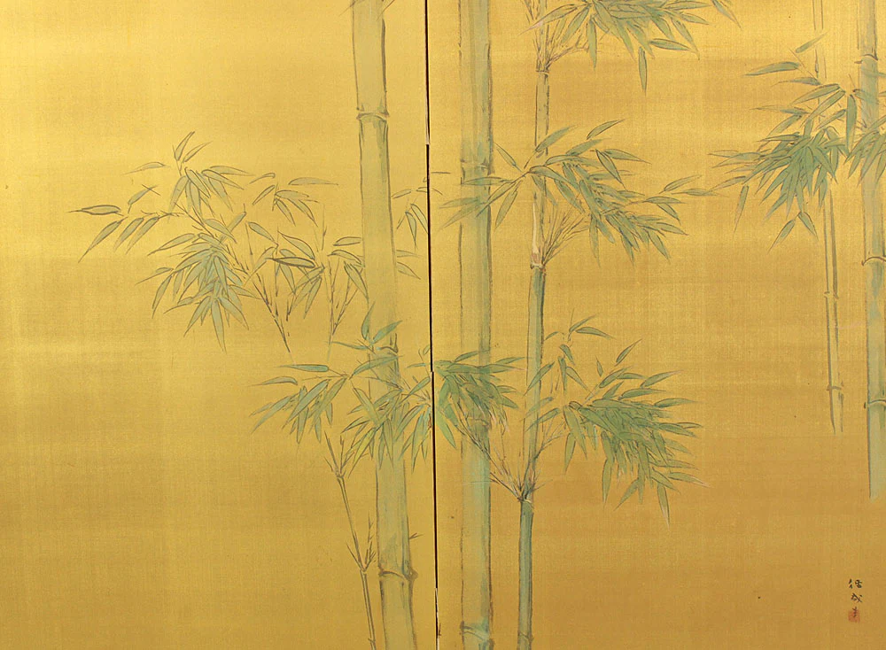 径成 Keisei Gold-Leaf 'Bamboo Grove' Byobu Two Panels Folding Screens Room Dividers VA914 - Image 9