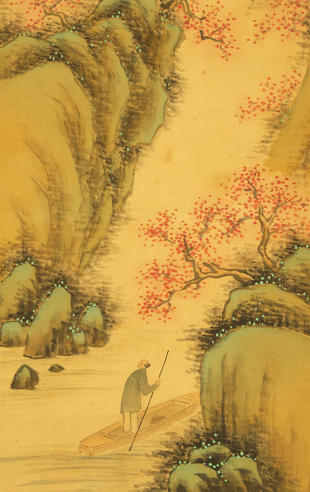 卜部京洲 Urabe Kyoshu (b1871)  Japanese art kakejiku kakemono wall hanging scroll / Sansui Spring Mountain Landscapes Peach Blossoms, Man in Boat with Box RE783 - Image 14