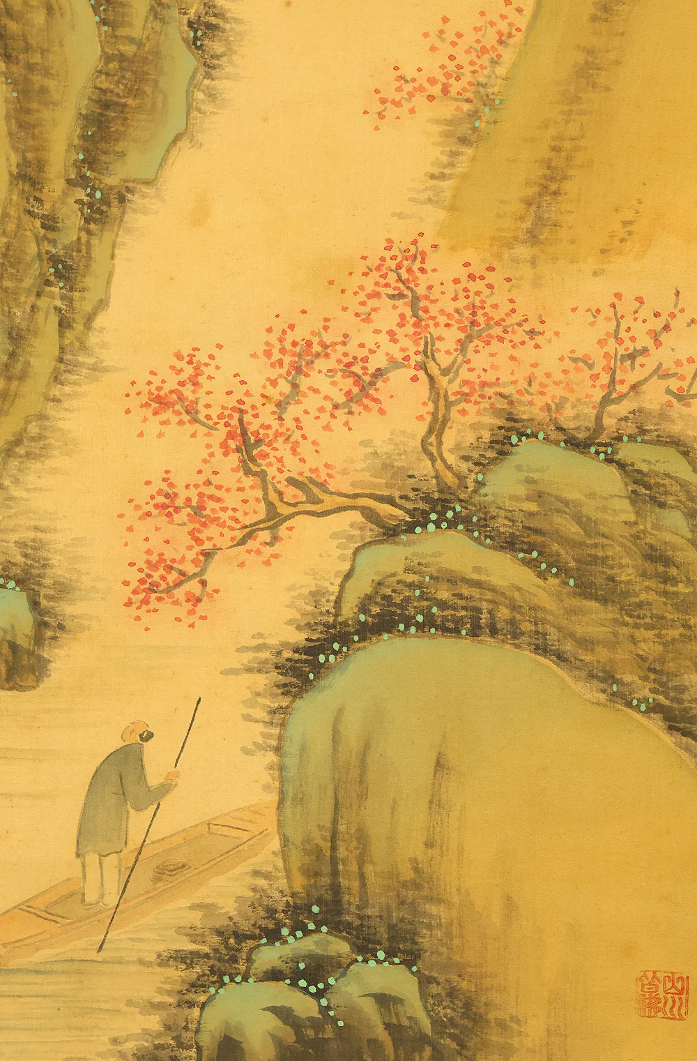 卜部京洲 Urabe Kyoshu (b1871)  Japanese art kakejiku kakemono wall hanging scroll / Sansui Spring Mountain Landscapes Peach Blossoms, Man in Boat with Box RE783 - Image 16