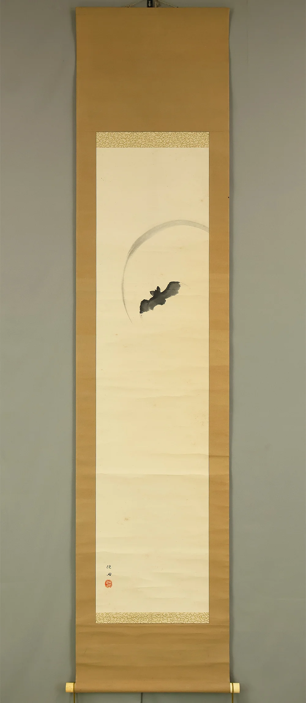 硯田 Kenden Japanese art Kakejiku Kakemono wall hanging scroll / Moon and Bat RE313 - Image 2
