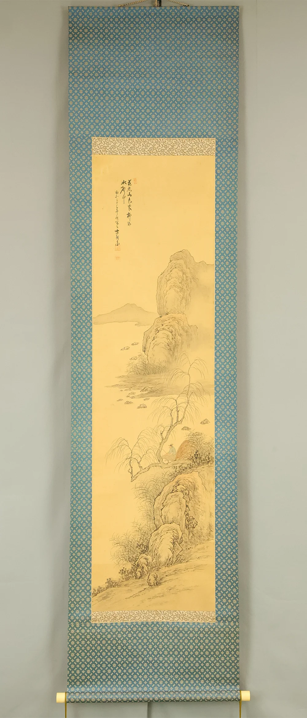 古桐 Koto Japanese art kakejiku kakemono wall hanging scroll / Sansui Mountain Landscape Rivers Fisherman with Box RE502 - Image 2