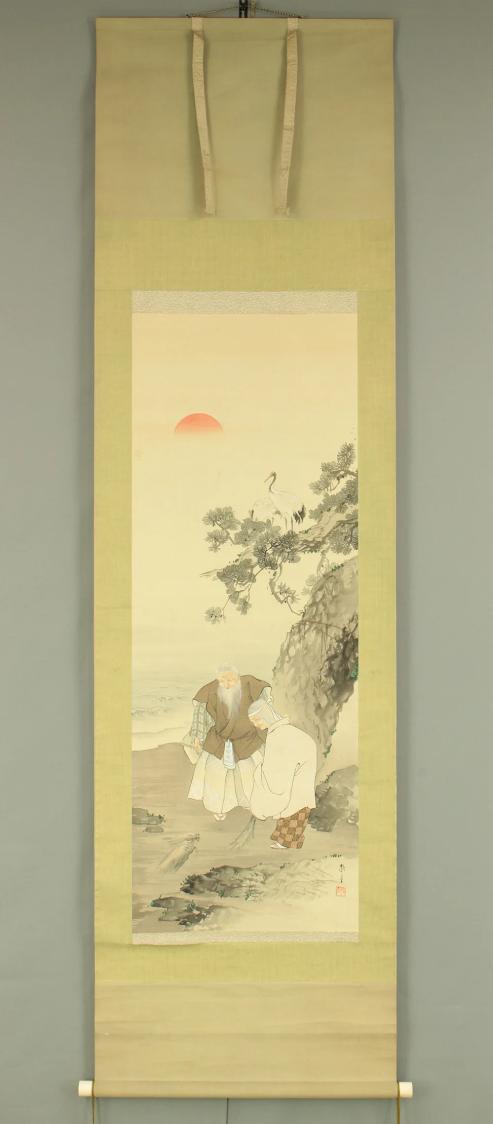 頼星 Raisei Japanese art kakejiku kakemono wall hanging scroll / Takasago Longeviti Painting - Old couples, Rising Sun, Crane, Turtle, Pine tree with Original Box (Tomobako) RD298 - Image 2