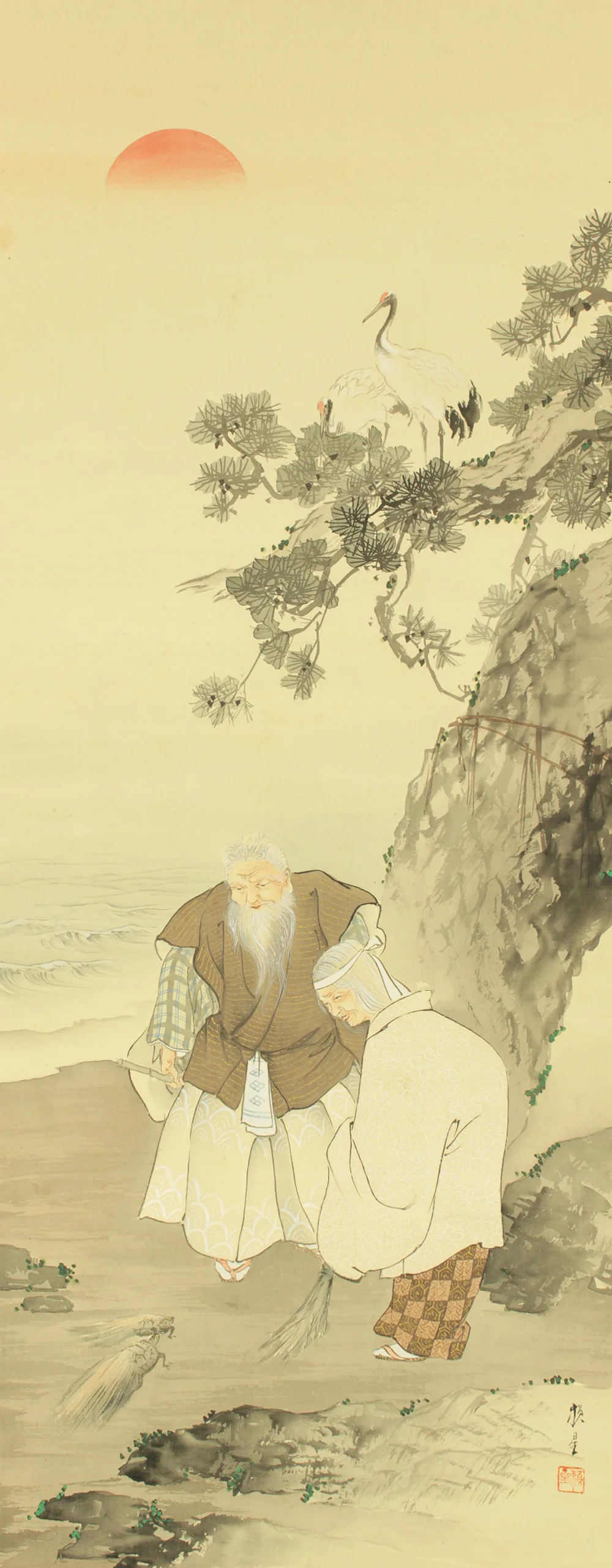 頼星 Raisei Japanese art kakejiku kakemono wall hanging scroll / Takasago Longeviti Painting - Old couples, Rising Sun, Crane, Turtle, Pine tree with Original Box (Tomobako) RD298 - Image 4