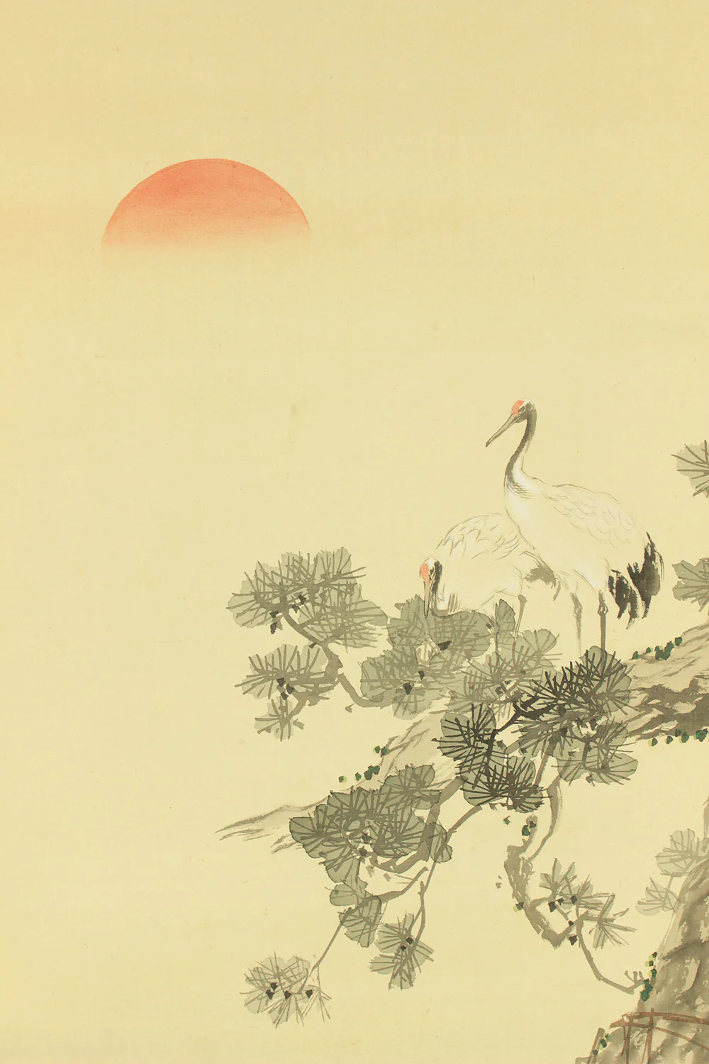 頼星 Raisei Japanese art kakejiku kakemono wall hanging scroll / Takasago Longeviti Painting - Old couples, Rising Sun, Crane, Turtle, Pine tree with Original Box (Tomobako) RD298 - Image 5