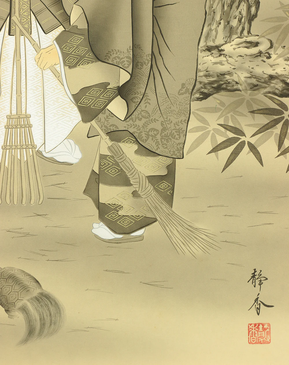 静香 Seiko Japanese kakejiku kakemono wall hanging scroll / Auspicious Painting Takasago Longevity Old Couples, Rising Sun, Crane, Turtle, Pine Tree, Bamboo, and Plum with Original Box (Tomobako) RA803 - Image 10