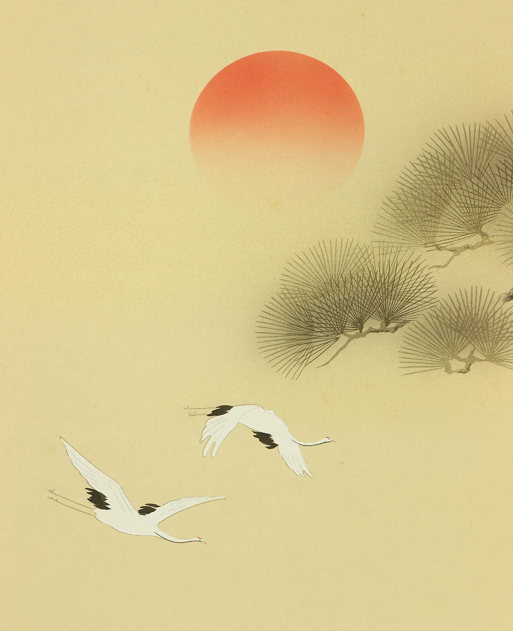 静香 Seiko Japanese kakejiku kakemono wall hanging scroll / Auspicious Painting Takasago Longevity Old Couples, Rising Sun, Crane, Turtle, Pine Tree, Bamboo, and Plum with Original Box (Tomobako) RA803 - Image 7