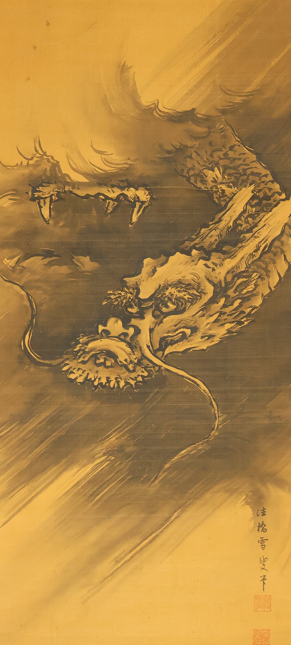 雪叟 Sesso Japanese antique art kakejiku kakemono wall hanging scroll / Suiboku Ink Dynamic Dragon in Cloud RE729 - Image 4