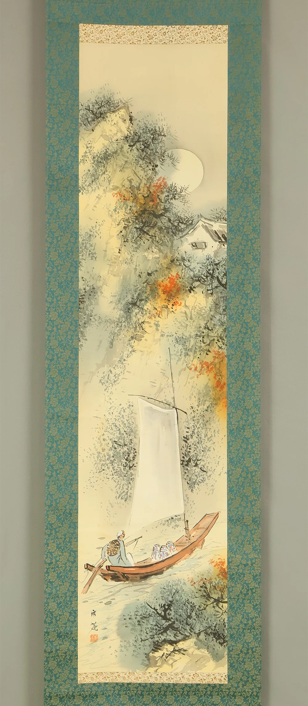 雪庵 Setsuan Japanese art Kakejiku Kakemono wall Hanging Scroll / Fisherman Returning Under Autumn Moonlit Night with Original Box (Tomobako) RE247