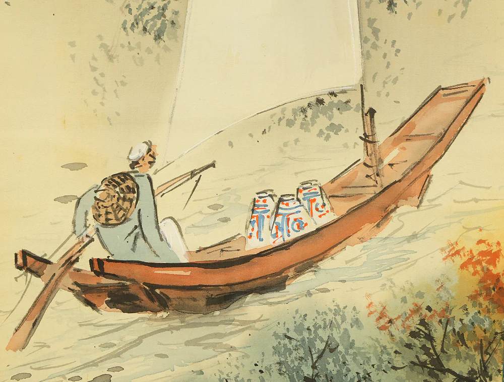 雪庵 Setsuan Japanese art Kakejiku Kakemono wall Hanging Scroll / Fisherman Returning Under Autumn Moonlit Night with Original Box (Tomobako) RE247 - Image 10