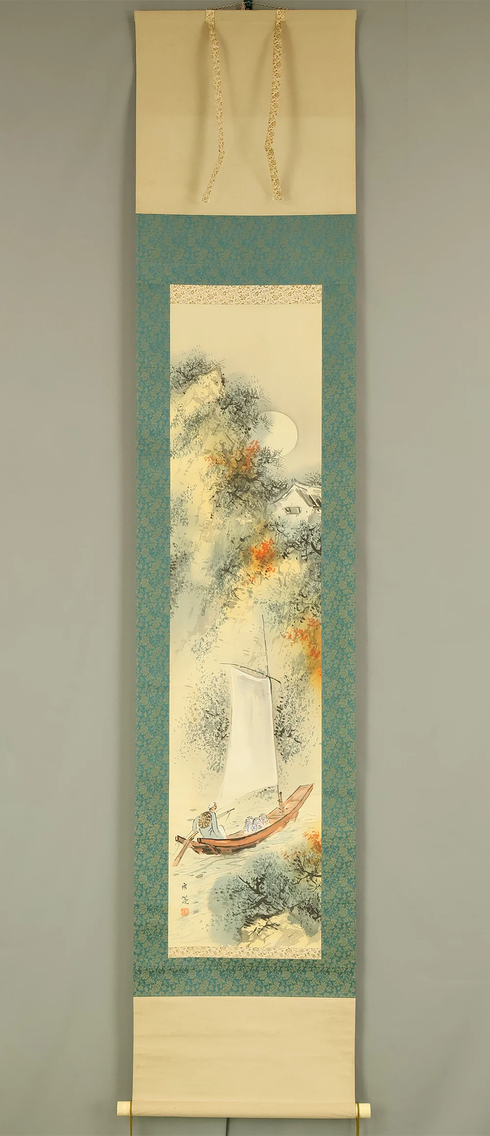 雪庵 Setsuan Japanese art Kakejiku Kakemono wall Hanging Scroll / Fisherman Returning Under Autumn Moonlit Night with Original Box (Tomobako) RE247 - Image 2