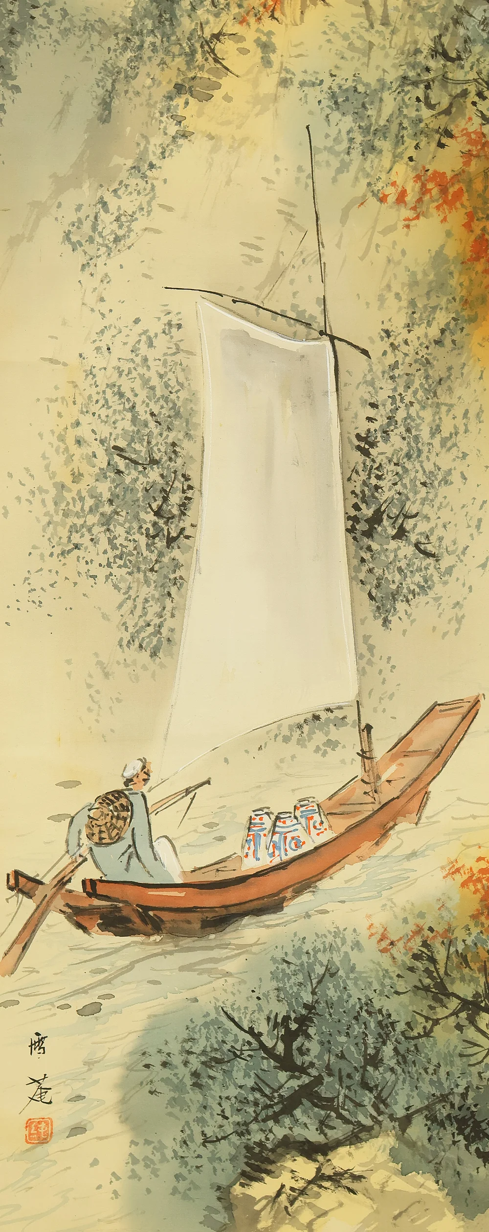 雪庵 Setsuan Japanese art Kakejiku Kakemono wall Hanging Scroll / Fisherman Returning Under Autumn Moonlit Night with Original Box (Tomobako) RE247 - Image 8
