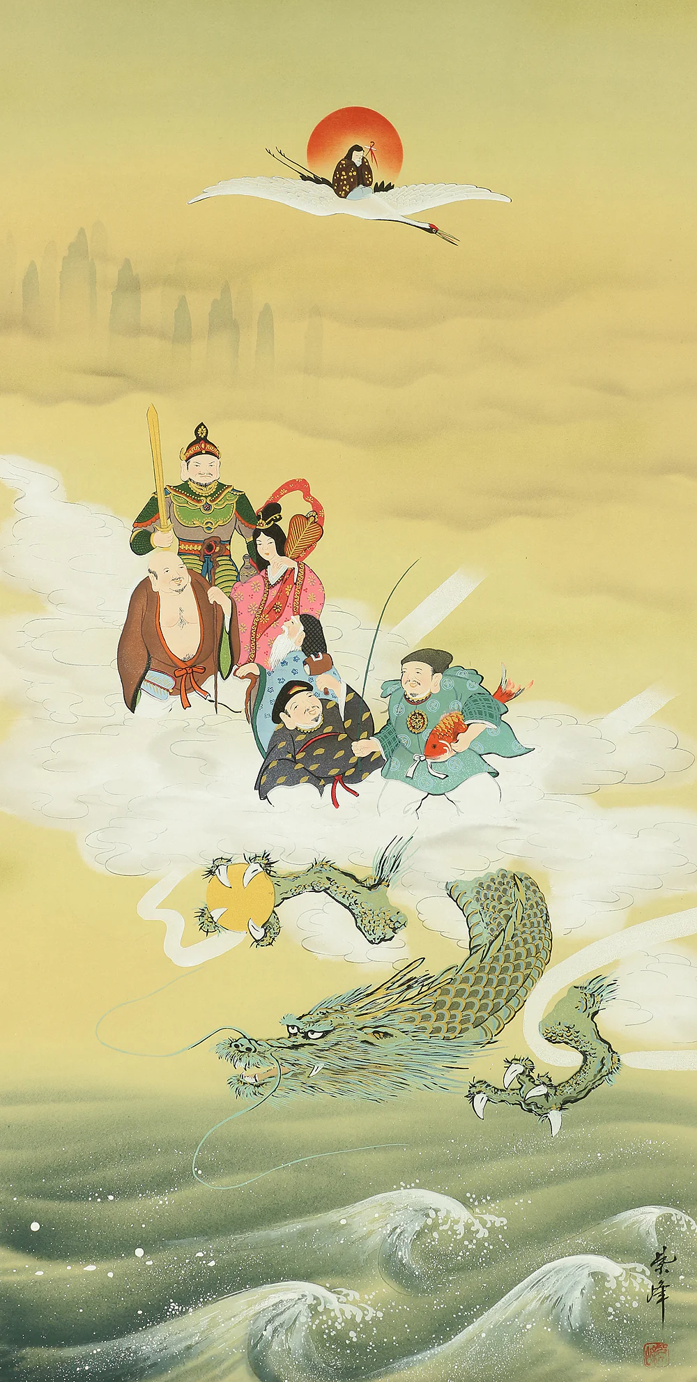 紫峰 Shiho Japanese art kakejiku kakemono wall hanging scroll / 開運龍七福神 Auspicious painting Dragon Seven Lucky Gods with Original Box (Tomobako) A443 - Image 5