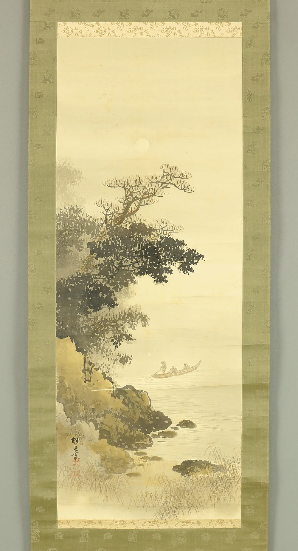 松岳 Shogaku Japanese art kakejiku kakemono wall hanging scroll / Moonlight River Rafting Landscapes RB412