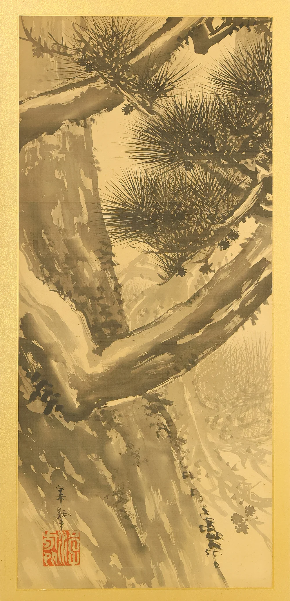 梥谿 Shokei Suiboku Ink Pine Tree, Bamboo, Taihu Stone, and Reishi Mushroom Byobu Two Panels Folding Screens Room Dividers VA953 - Image 5