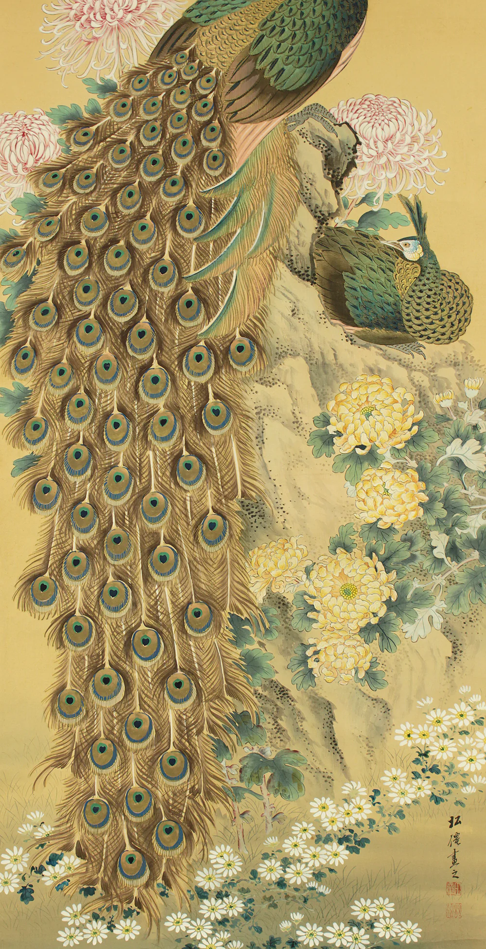 松僊 Shosen Japanese art kakejiku kakemono wall hanging scroll / Two Peafowls Peacock Large and Small Chrysanthemums RC152 - Image 10
