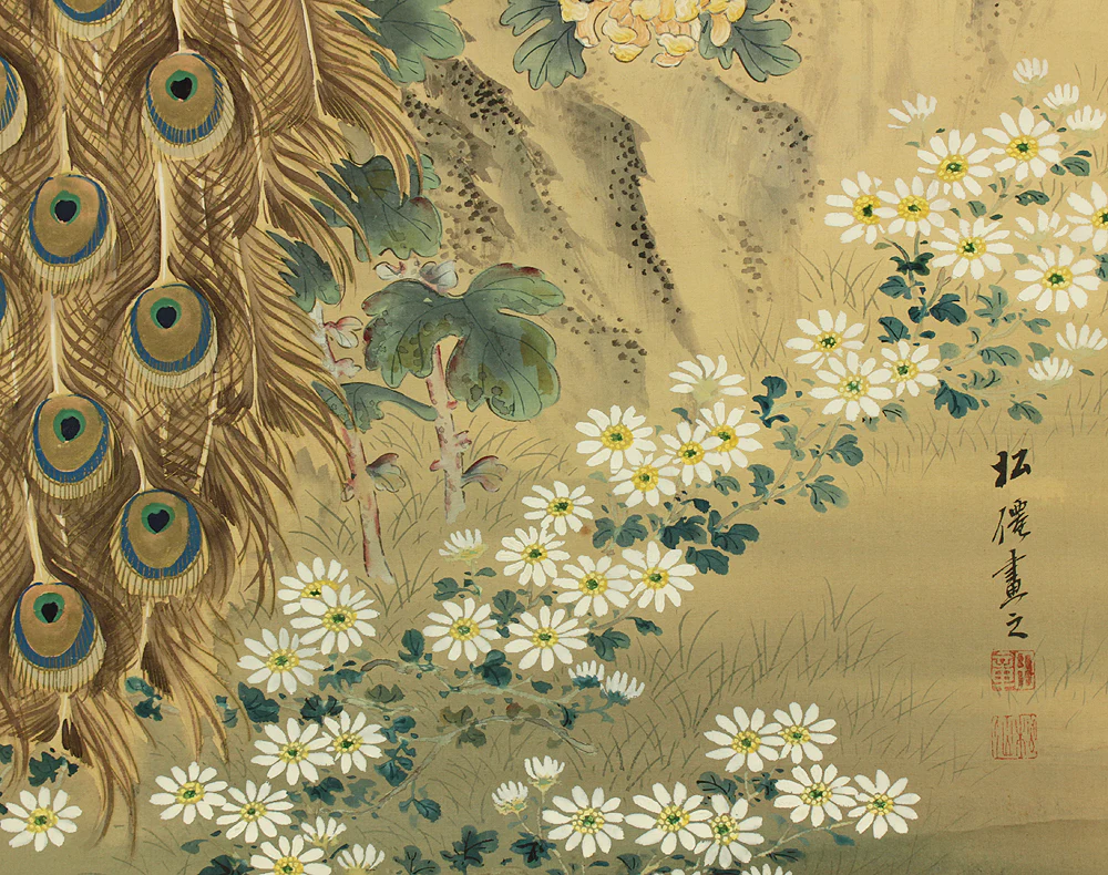 松僊 Shosen Japanese art kakejiku kakemono wall hanging scroll / Two Peafowls Peacock Large and Small Chrysanthemums RC152 - Image 19