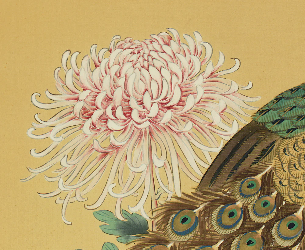松僊 Shosen Japanese art kakejiku kakemono wall hanging scroll / Two Peafowls Peacock Large and Small Chrysanthemums RC152 - Image 7