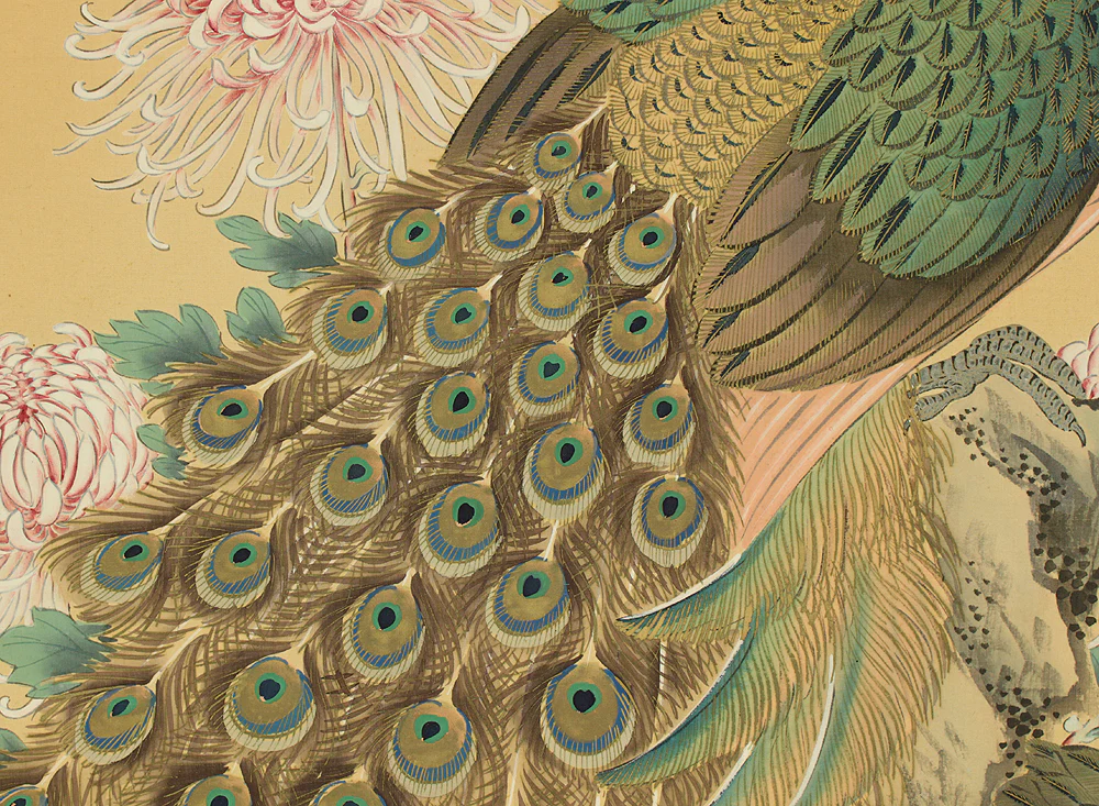 松僊 Shosen Japanese art kakejiku kakemono wall hanging scroll / Two Peafowls Peacock Large and Small Chrysanthemums RC152 - Image 8