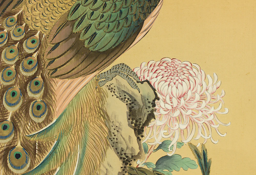松僊 Shosen Japanese art kakejiku kakemono wall hanging scroll / Two Peafowls Peacock Large and Small Chrysanthemums RC152 - Image 9