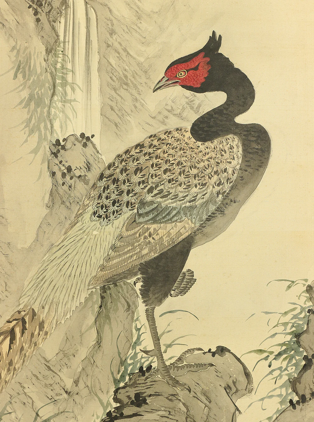 松山 Shozan Japanese Byobu Room divider 4 panels Folding screens "Framed in Silver Leaf - Pheasant Waterfall Parrot Aronia Flower Wild Goose Moon Hawk Pine" V829 - Image 8