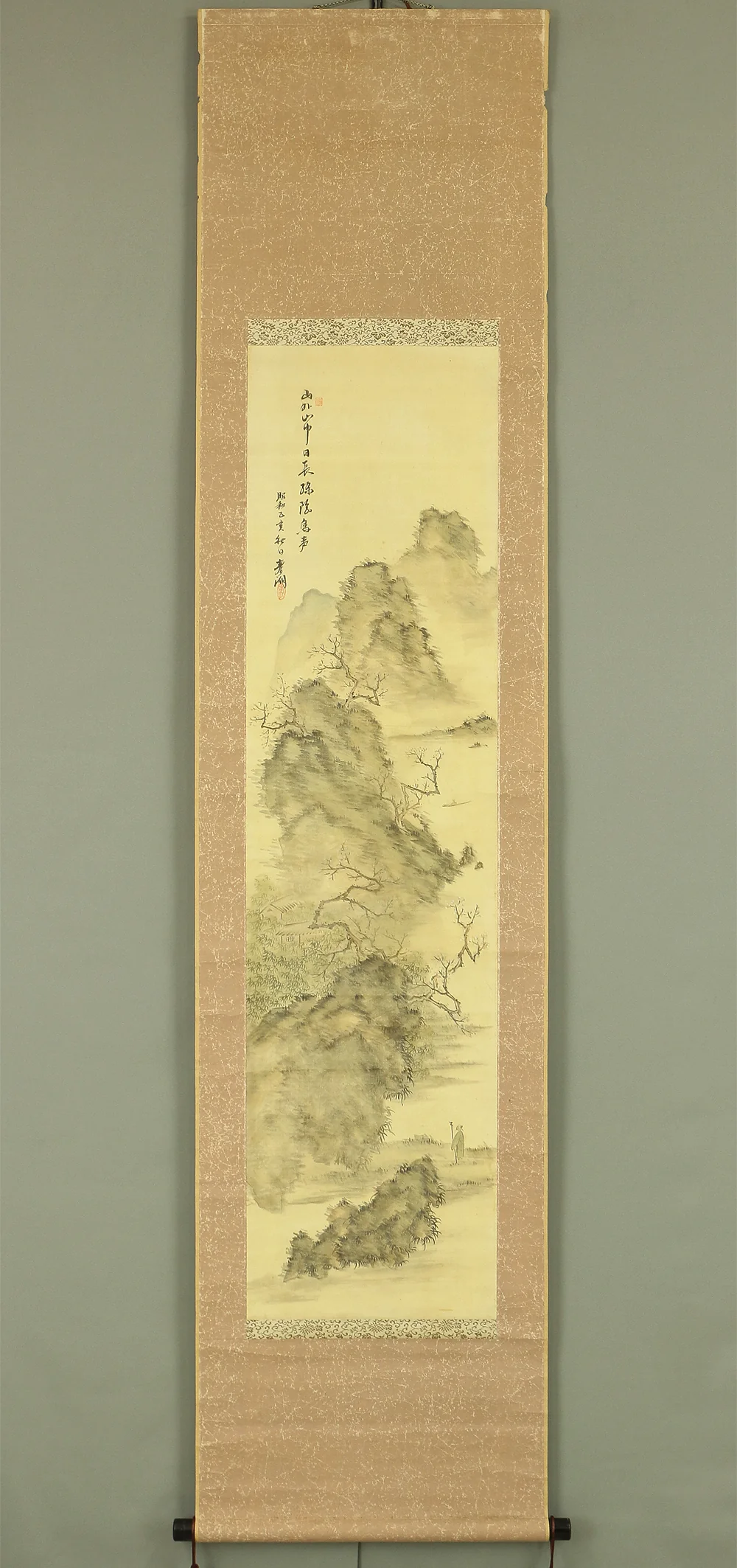 春湖 SHUNKO Age 1935 Autumn Japanese antique art kakejiku kakemono wall hanging scroll / Early Spring, boating, & Sage Sansui landscape W433 - Image 2
