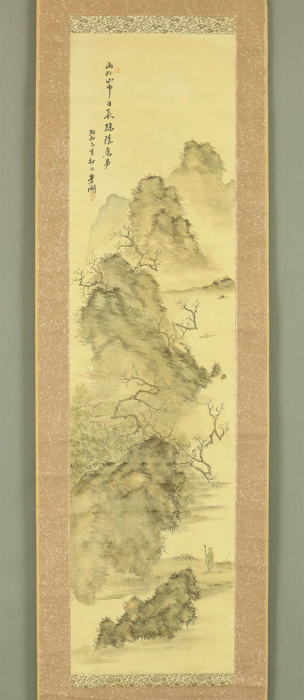 春湖 SHUNKO Age 1935 Autumn Japanese antique art kakejiku kakemono wall hanging scroll / Early Spring, boating, & Sage Sansui landscape W433 - Image 3