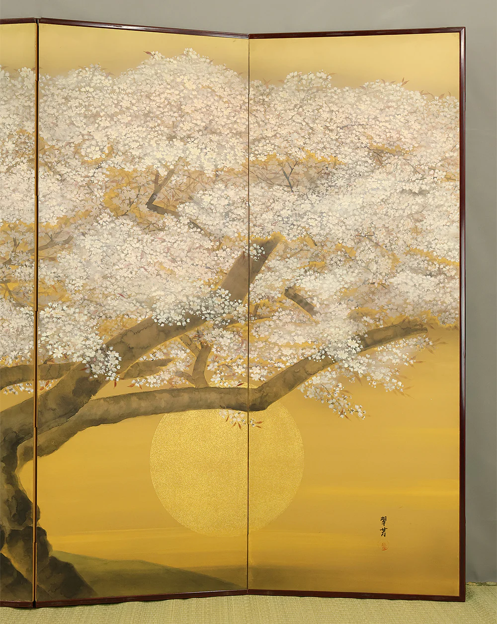 翠芳 Suiho "Cherry Blossoms and Rising Sun" Byobu Four Panels Folding Screens Room Dividers VA959 - Image 14