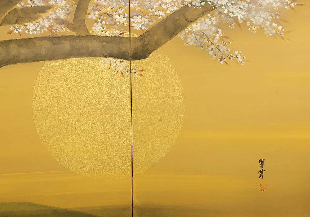 翠芳 Suiho "Cherry Blossoms and Rising Sun" Byobu Four Panels Folding Screens Room Dividers VA959 - Image 24